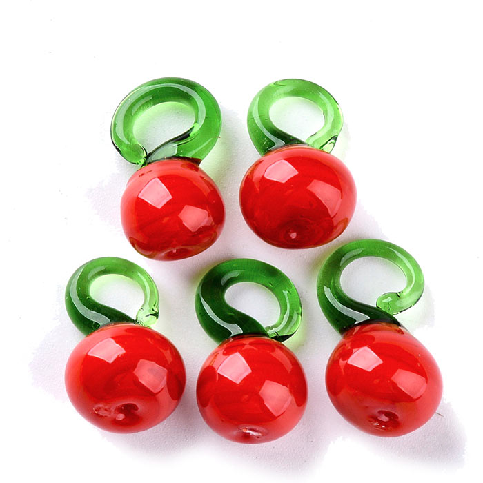 Glass pendant, red apple, fruit figure, approx. 18x10mm, 4 pcs.