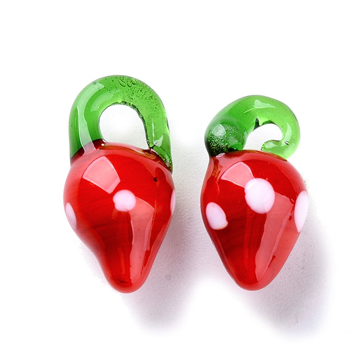 Glass pendant, red strawberry, fruit figure, approx. 20x10x10mm, 4 pcs.