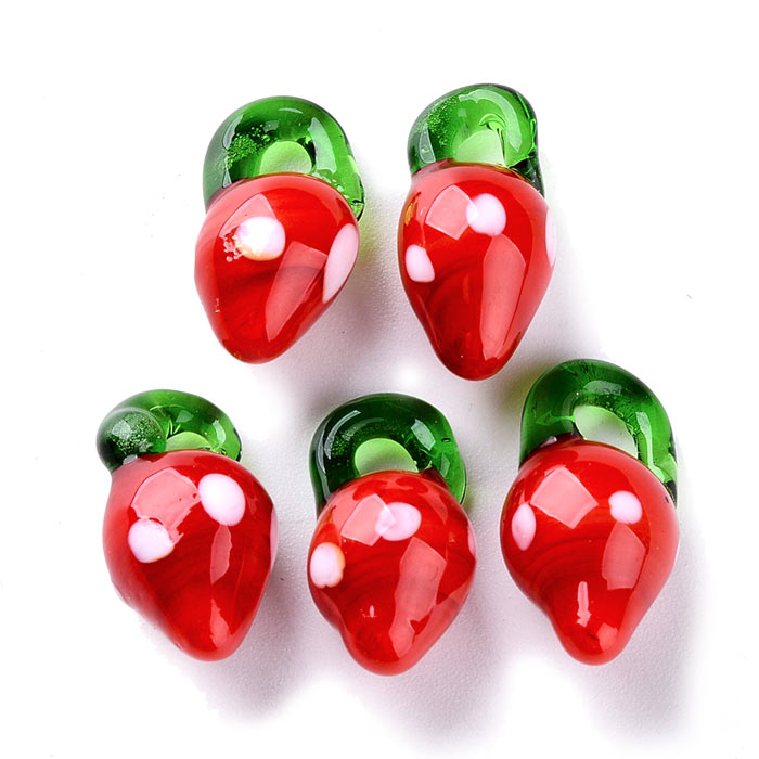 Glass pendant, red strawberry, fruit figure, approx. 20x10x10mm, 4 pcs.