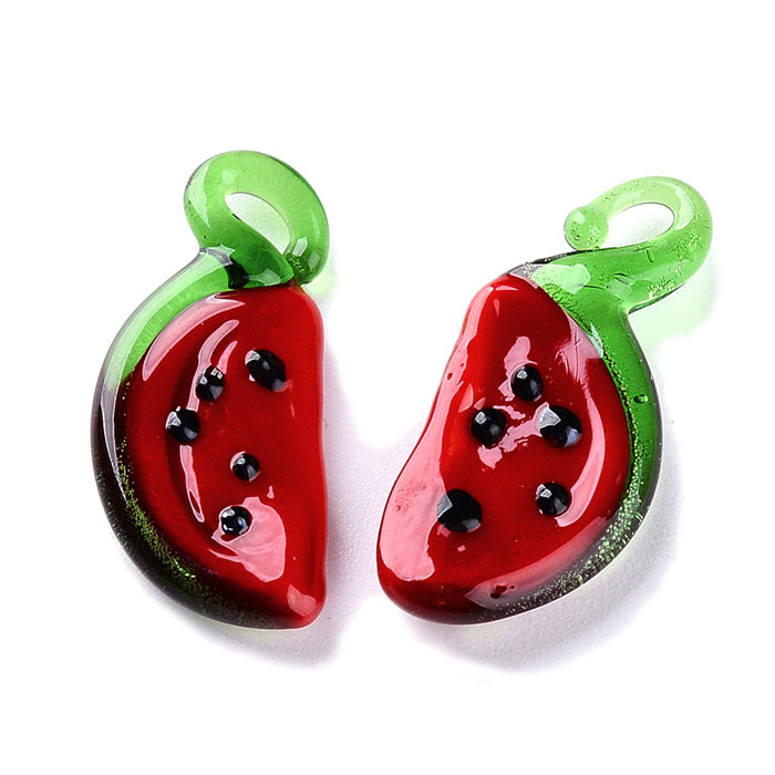 Glass pendant, melon piece, fruit figure with loop, approx. 24x12x4 mm, 4 pcs.