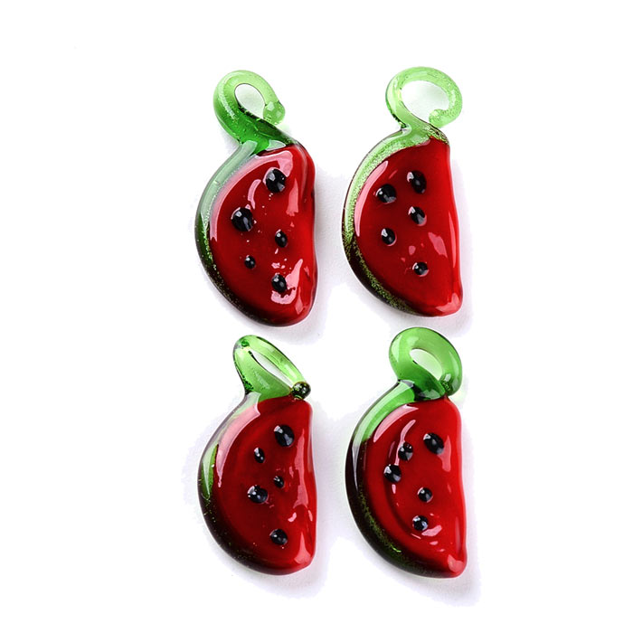 Glass pendant, melon piece, fruit figure with loop, approx. 24x12x4 mm, 4 pcs.