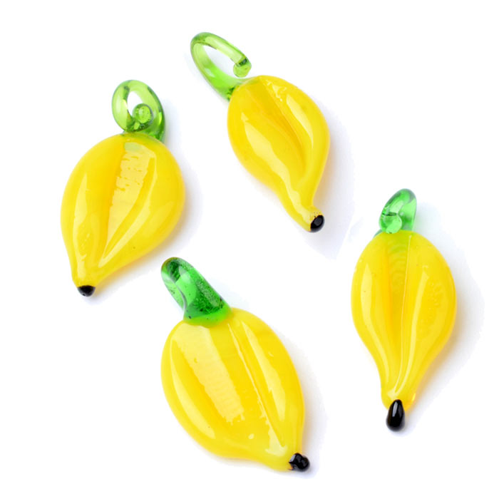 Glass pendant, yellow bananas, fruit figure, approx. 30x12x5mm, 4 pcs.