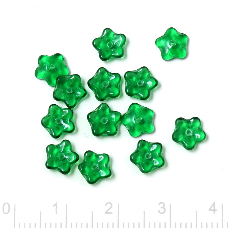 Flower Glass bead, green, transparent, diameter 7 mm, 10 pcs