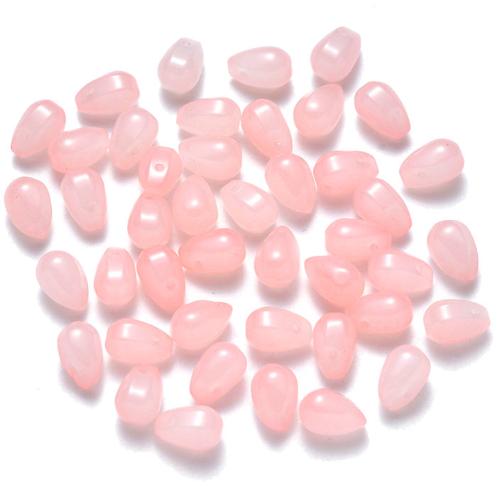 Glass bead, pink, drop, cross-drilled, 9x6mm, 6pcs