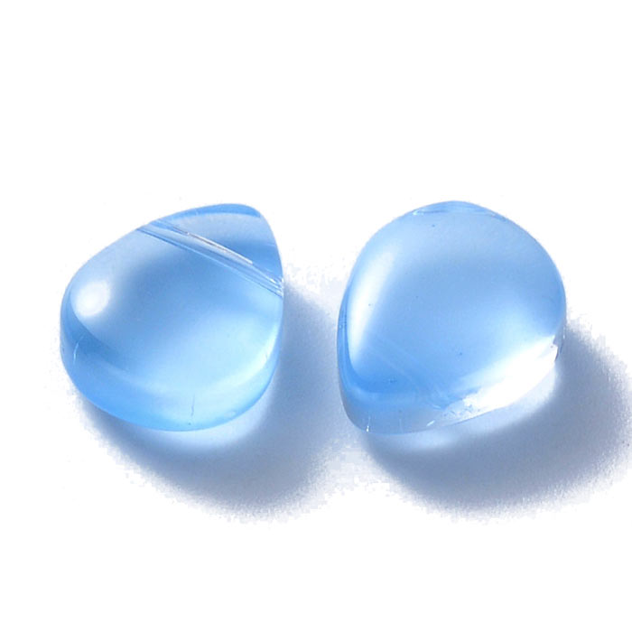 Flat drop, glass bead, sky-blue, cross drilled in top, 12.5x10x5x5.5 mm, 4pcs