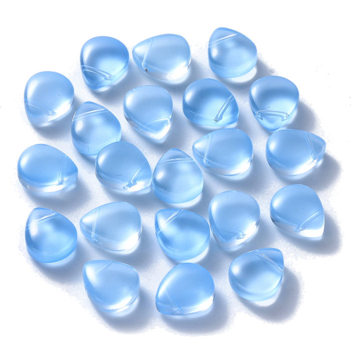 Flat drop, glass bead, sky-blue, cross drilled in top, 12.5x10x5x5.5 mm, 4pcs