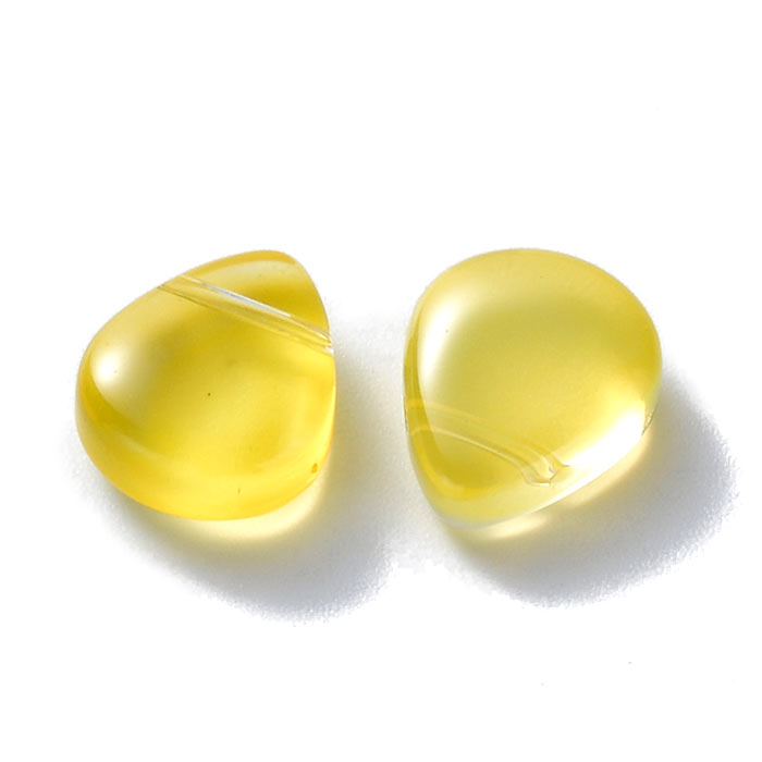 Flat drop, glass bead, yellow, cross drilled in top, 12.5x10x5x5.5 mm, 4pcs