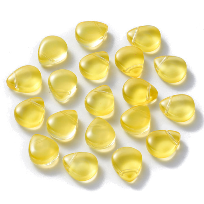 Flat drop, glass bead, yellow, cross drilled in top, 12.5x10x5x5.5 mm, 4pcs