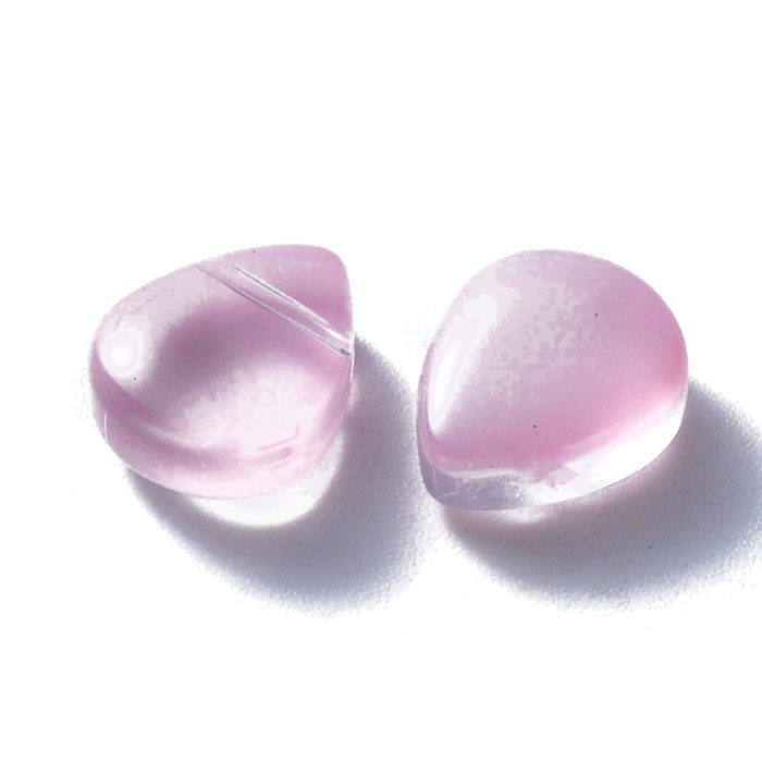 Flat drop, glass bead, light pink, cross drilled in top, 12.5x10x5x5.5 mm, 4pcs