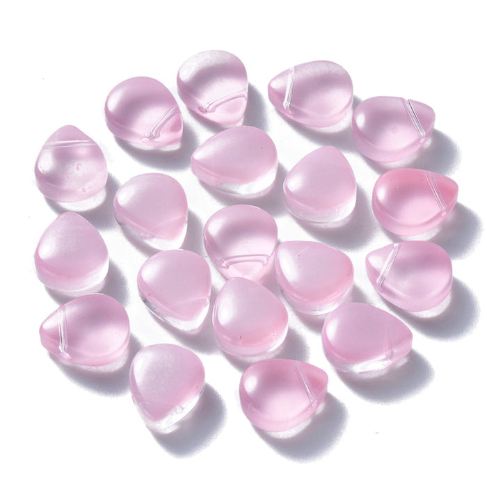 Flat drop, glass bead, light pink, cross drilled in top, 12.5x10x5x5.5 mm, 4pcs
