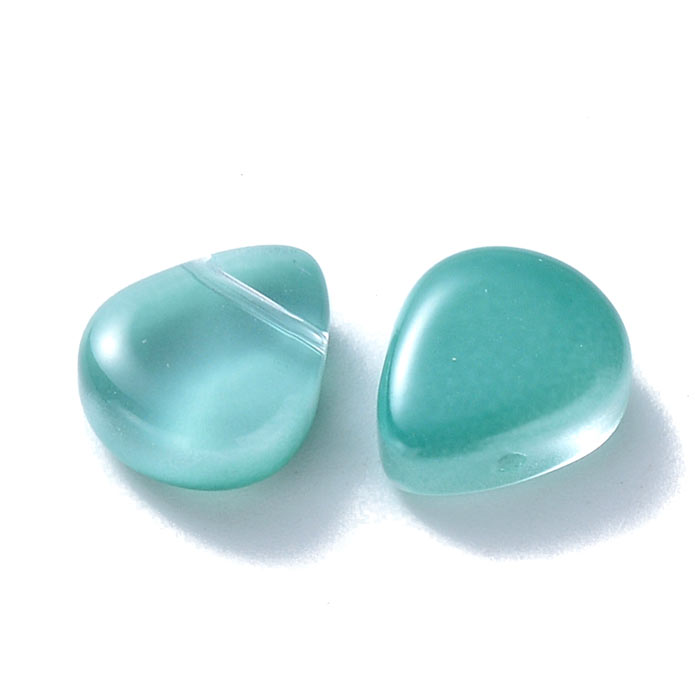 Flat drop, glass bead, light sea green, cross drilled in top, 12.5x10x5x5.5 mm, 4pcs