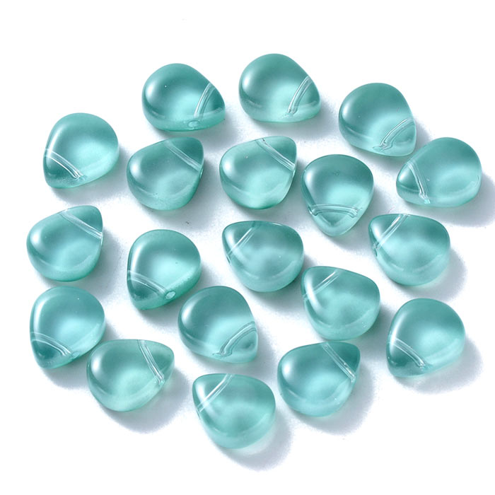 Flat drop, glass bead, light sea green, cross drilled in top, 12.5x10x5x5.5 mm, 4pcs