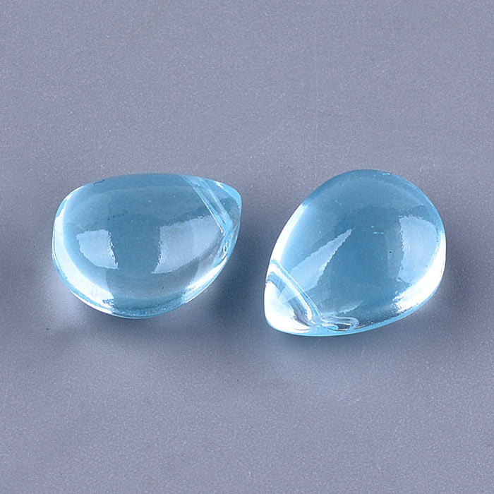 Flat drop, glass bead, light sky blue, cross drilled in top, 12x9x7 mm, 4pcs