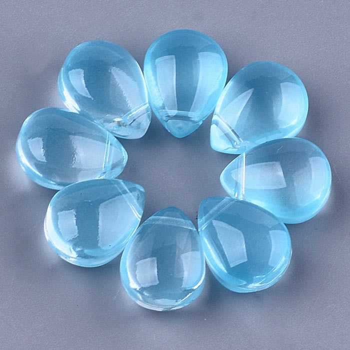 Flat drop, glass bead, light sky blue, cross drilled in top, 12x9x7 mm, 4pcs