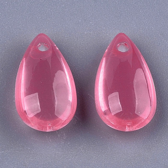 Flat drop, glass bead, dark pink, front drilled in top, 14x7.5x5 mm, 4pcs