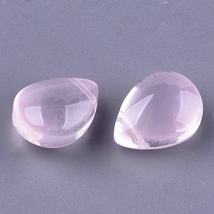 Flat drop, glass bead, pink, cross drilled in top, 12x9x7 mm, 4pcs
