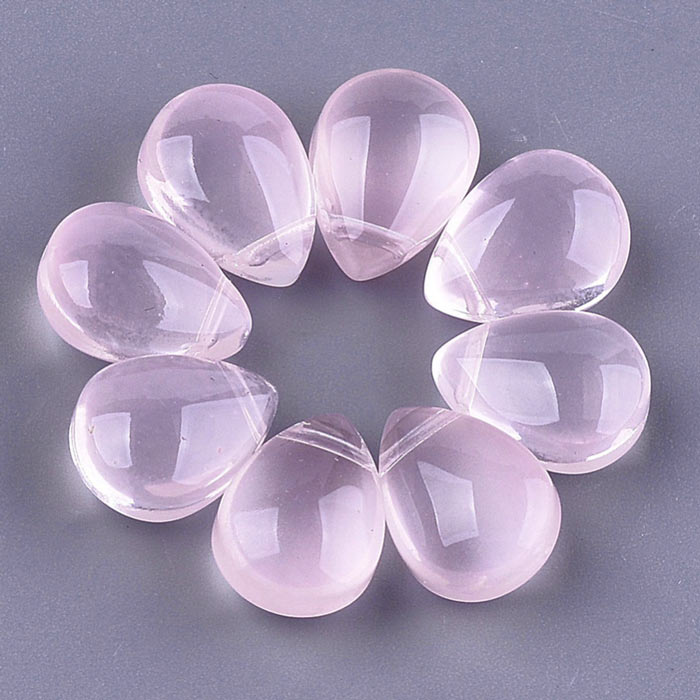 Flat drop, glass bead, pink, cross drilled in top, 12x9x7 mm, 4pcs