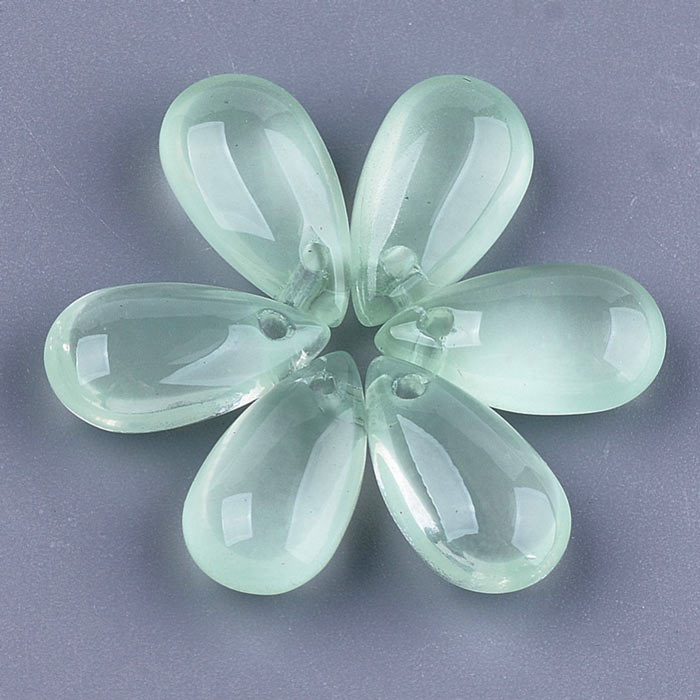 Flat drop, glass bead, light green, front drilled in top, 14x7.5x5 mm, 4pcs