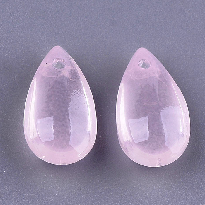 Flat drop, glass bead, pink, front drilled in top, 14x7.5x5 mm, 4pcs