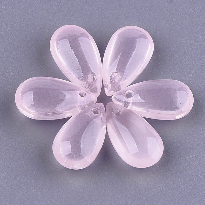 Flat drop, glass bead, pink, front drilled in top, 14x7.5x5 mm, 4pcs