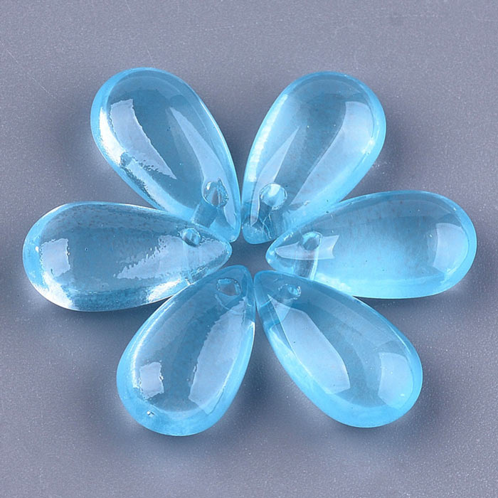 Flat drop, glass bead, light blue, front drilled in top, 14x7.5x5 mm, 4pcs