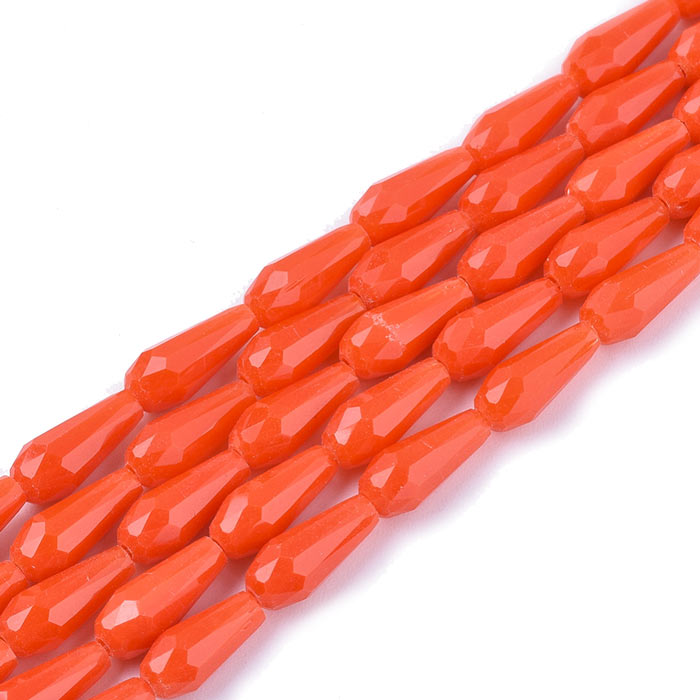 Facetted glass teardrops, orange red, 10x4mm, 6 pcs.