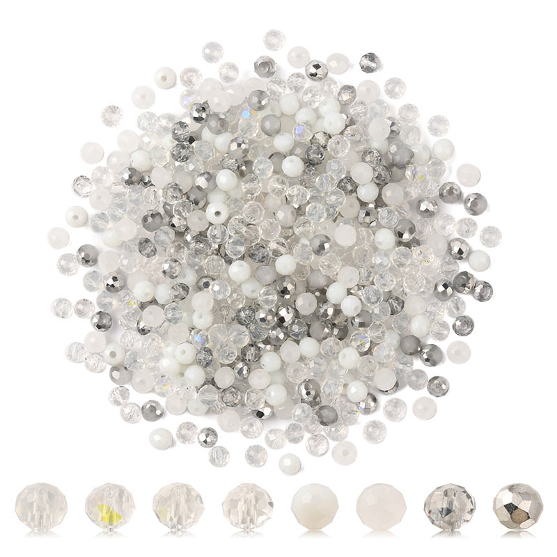Celestial crystal, faceted, round, mixed shades of grey and white, 4 mm, appx. 500 pcs