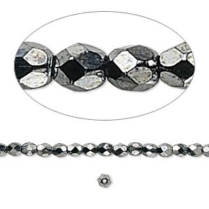 Glass, opaque, hematite, round, facetted, 4mm, ca. 95pcs.