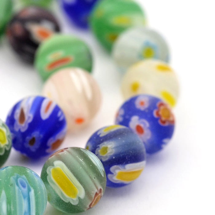 Glass bead, full strand, frosted, mixed colours, millefiori, round, 8 mm, 50 pcs