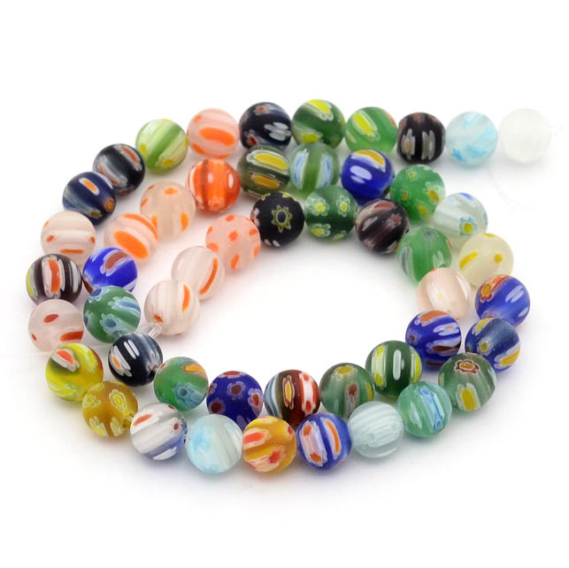 Glass bead, full strand, frosted, mixed colours, millefiori, round, 8 mm, 50 pcs