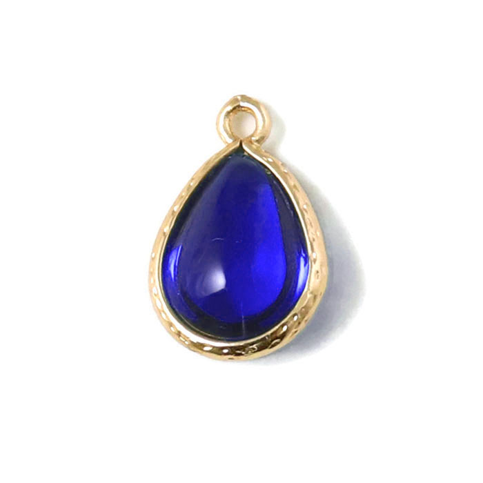 Glass charm, gilded smooth teardrop, dark blue, 18x11mm, 1pc.