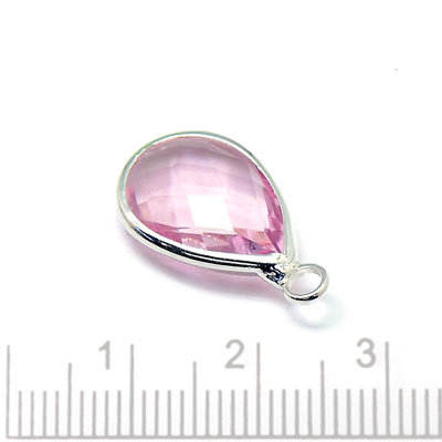 Glass charm, silver plated teardrop, light pink, 18x11mm, 1pc.