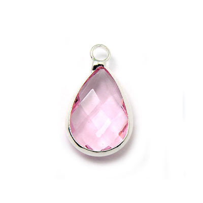 Glass charm, silver plated teardrop, light pink, 18x11mm, 1pc.