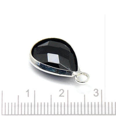 Glass charm, silver plated teardrop, opaque black, 18x11mmx5, 1pc.