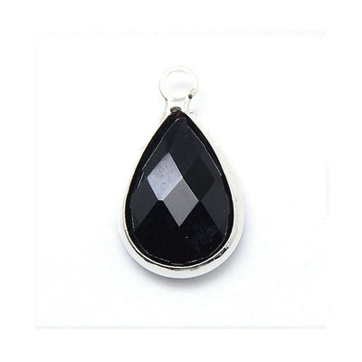 Glass charm, silver plated teardrop, opaque black, 18x11mmx5, 1pc.