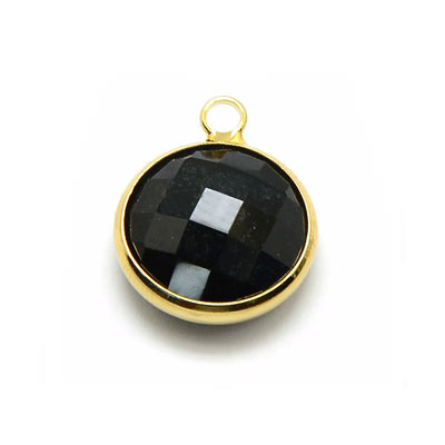 Glass charm, gilded, round, opaque black, 16x13mm, 1pc.
