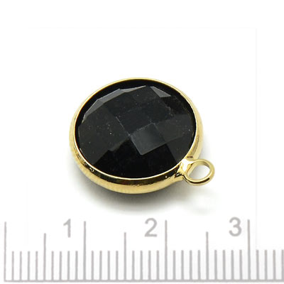 Glass charm, gilded, round, opaque black, 16x13mm, 1pc.