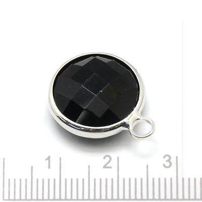 Glass charm, silver plated, round, opaque black, 16x13mm, 1pc.