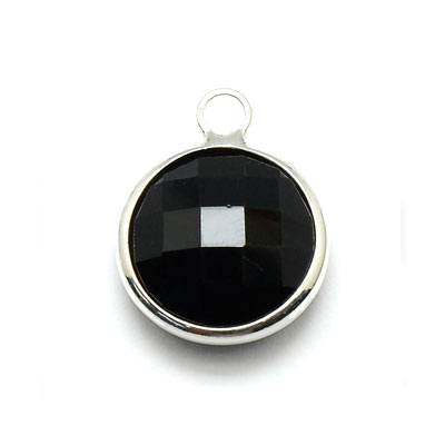 Glass charm, silver plated, round, opaque black, 16x13mm, 1pc.