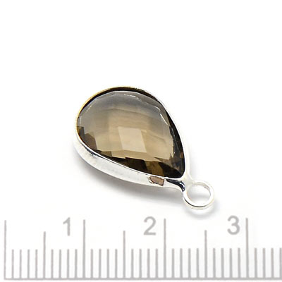 Glass charm, silver plated teardrop, smoke color, 18x11mm, 1pc.