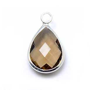 Glass charm, silver plated teardrop, smoke color, 18x11mm, 1pc.