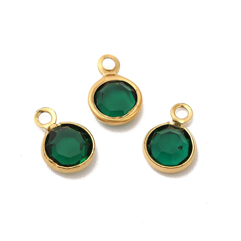 Glass link with one loop, gold plated brass setting, dark green, 9x6mm, 6pcs