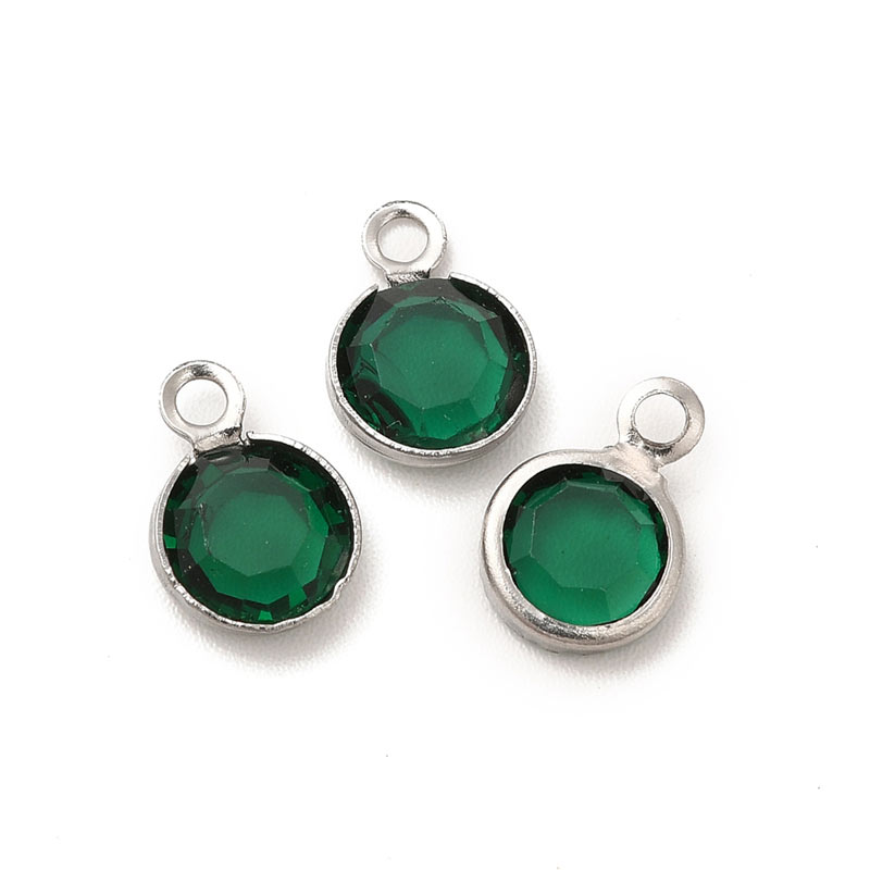 Glass link with one loop, silver plated brass setting, dark green, 9x6mm, 6pcs