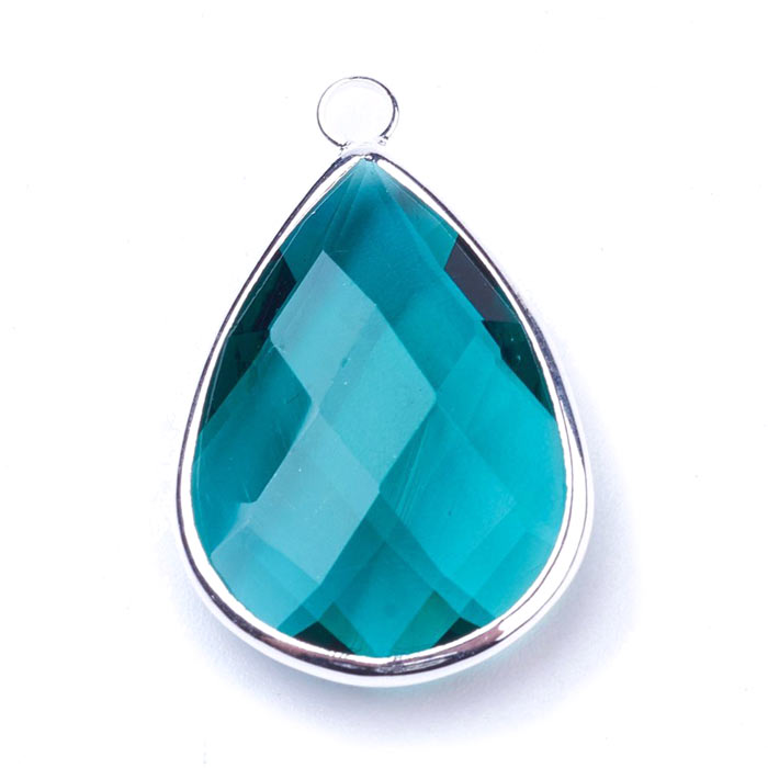 Glass charm, silver plated, teardrop, turquoise-blue, 18x11mm, 1pc.