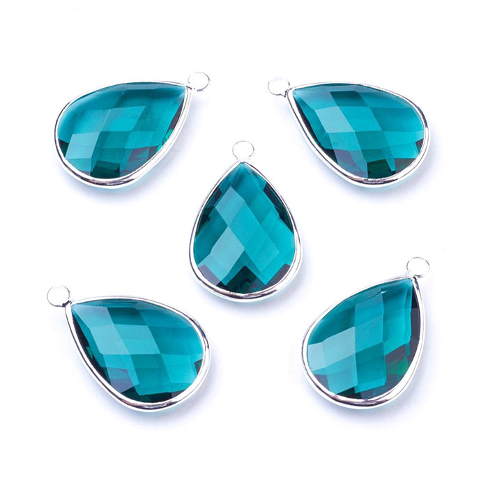 Glass charm, silver plated, teardrop, turquoise-blue, 18x11mm, 1pc.