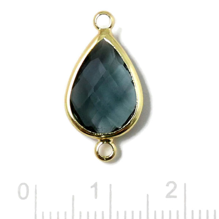 Glass link, with 2 loops, gold plated brass, drop shape, gray, 21x10,5x5mm, 1pc