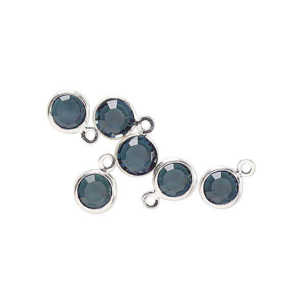 Glass link with 1 eye, silver  plated brass setting, round, dark blue-grey, 9x6mm, 6pcs