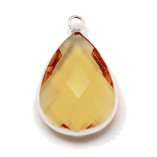 Glass charm, silver plated, teardrop, dark champagne, 18x11mm, 1pc