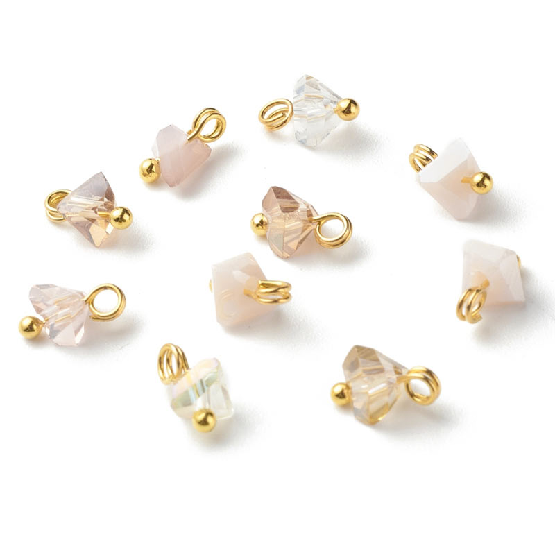 Small charm with uneven AB glass, clear and light rose gilded brass, 6x8x4mm, 6pcs.