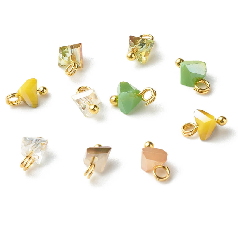 Small charm with uneven AB glass, green, yellow, rose, gilded brass, 6x8x4mm, 6pcs.